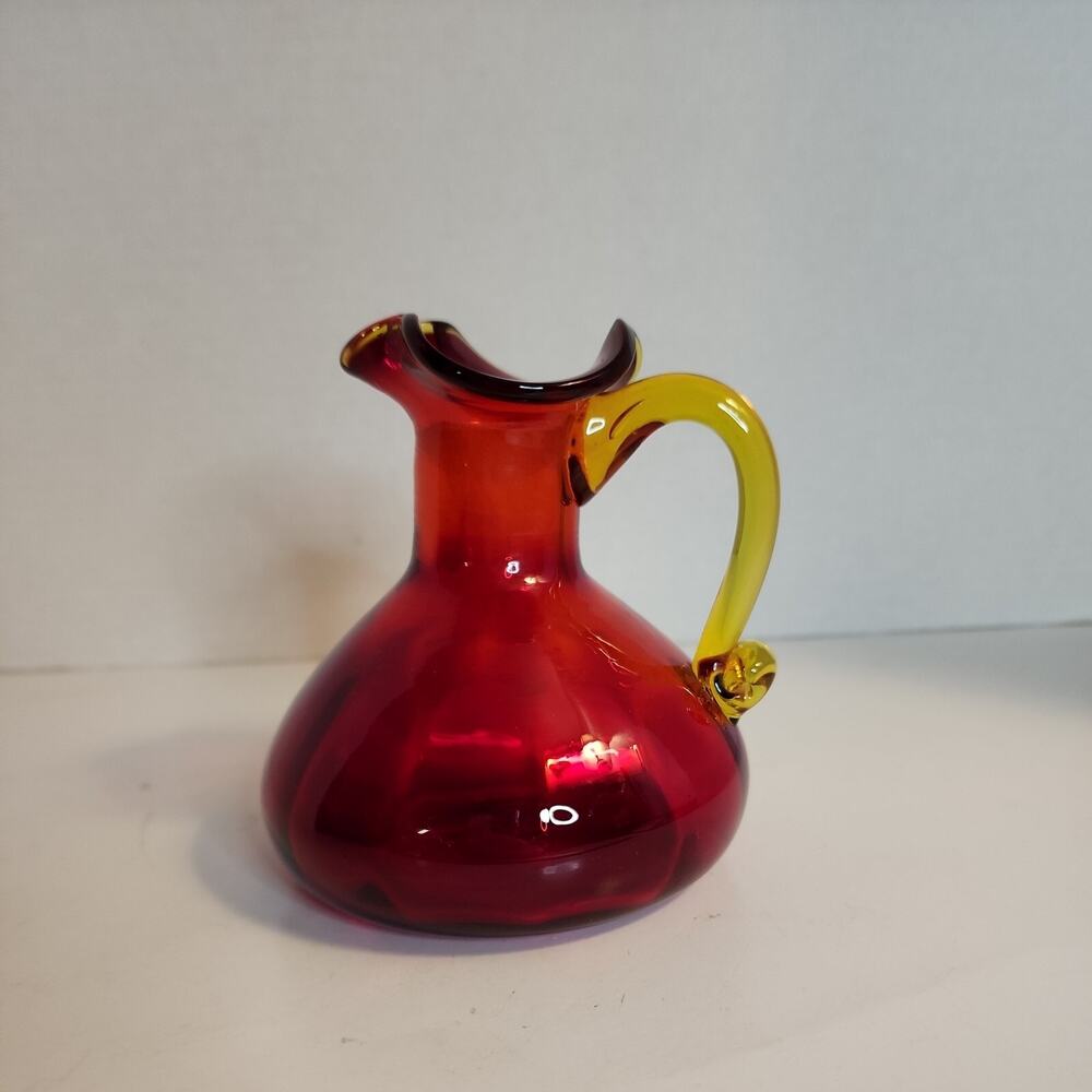 VTG Red Art Glass Optic Creamer Cruet Hand Blown Yellow Trim & Applied Handle